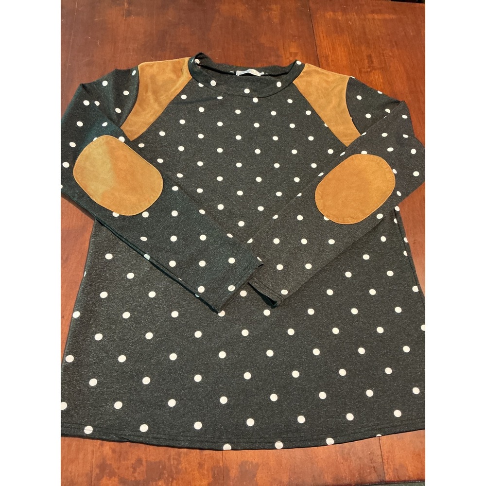 Fashion Polka Dot Tunic Top Gray Brown Suede Elbow Patches Long Sleeve